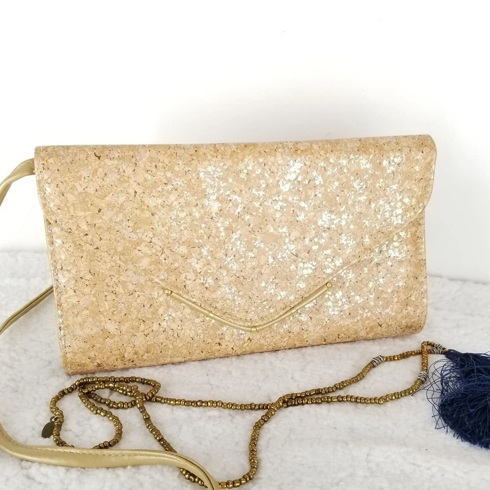 Vtg Boho Natural Cork Metallic Flecked Crossbody Envelope Clutch Bag Gold Detail